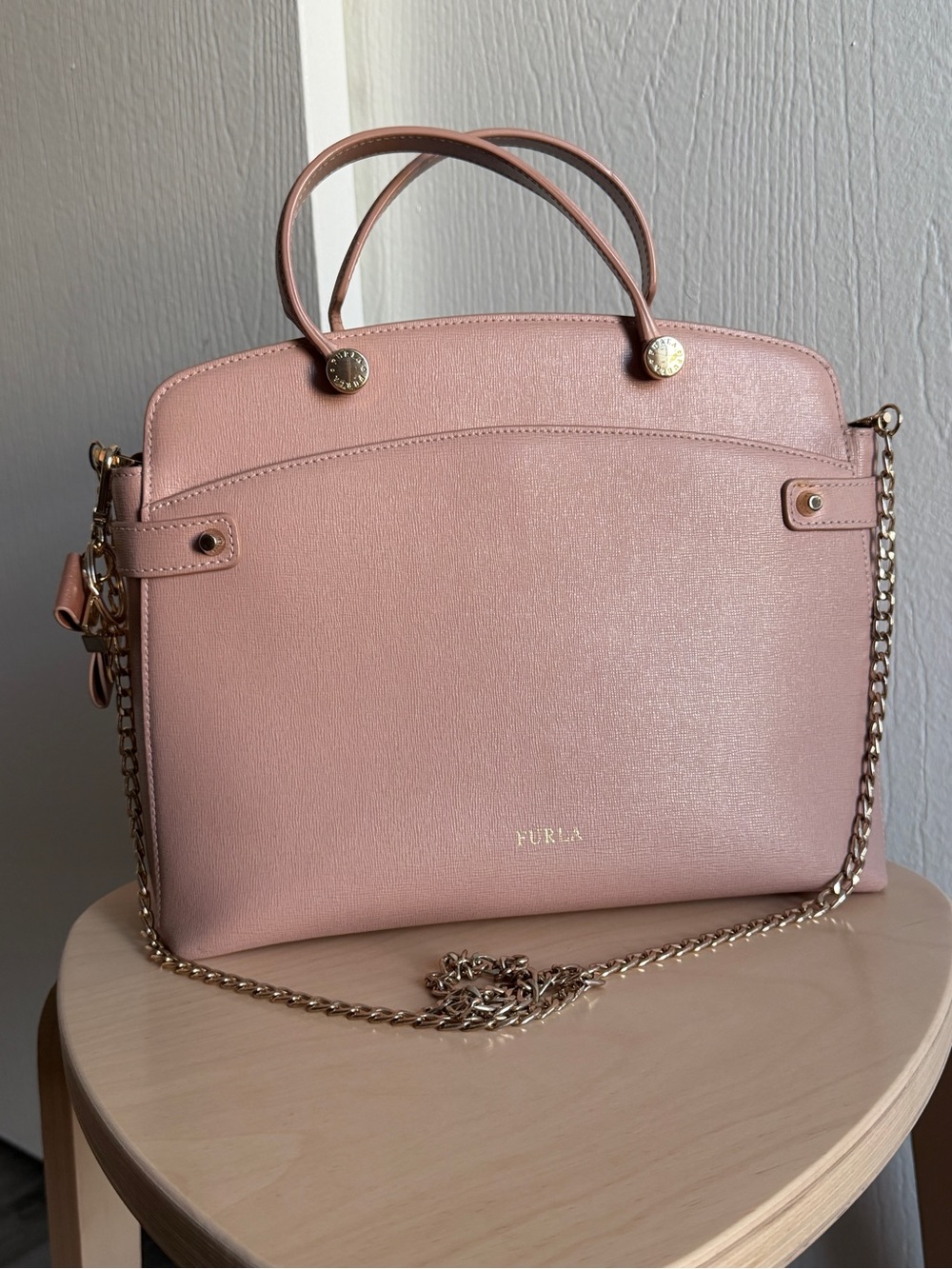 Furla Blush Saffiano Leather Satchel with Gold Chain